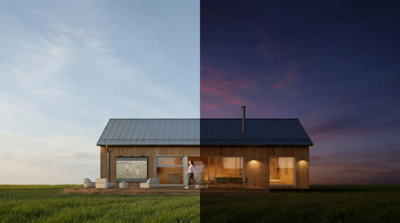 A timber residence shown transitioning from daylight to night