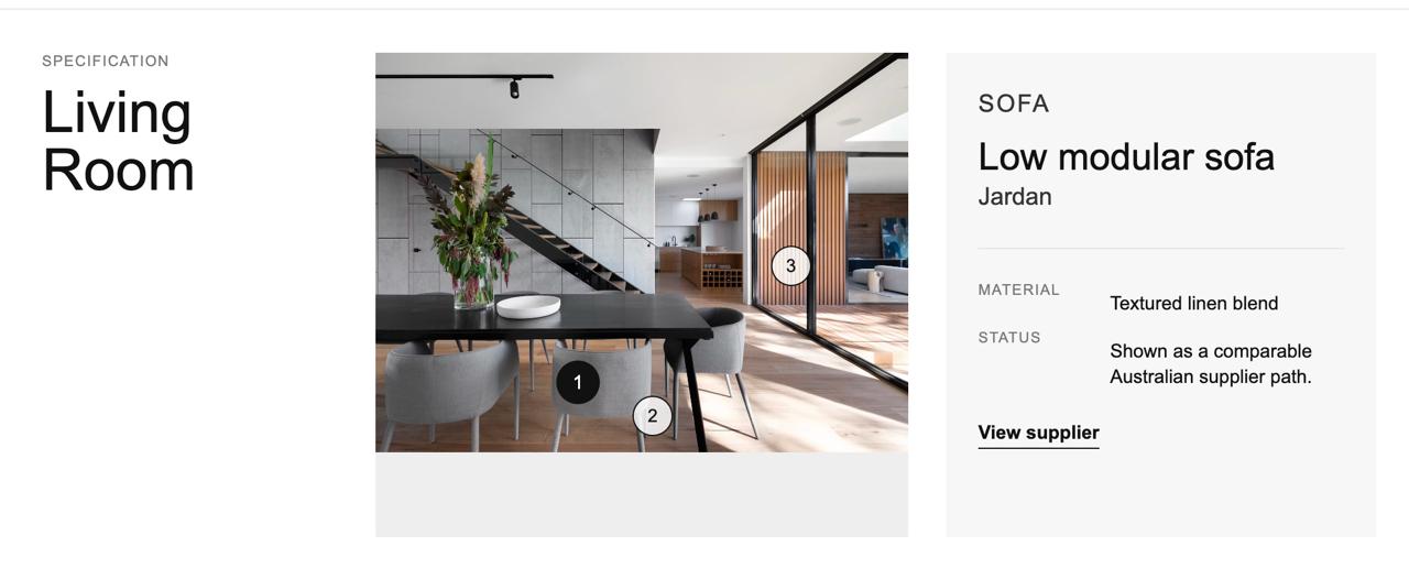 Object Index specification interface showing a shoppable living room concept