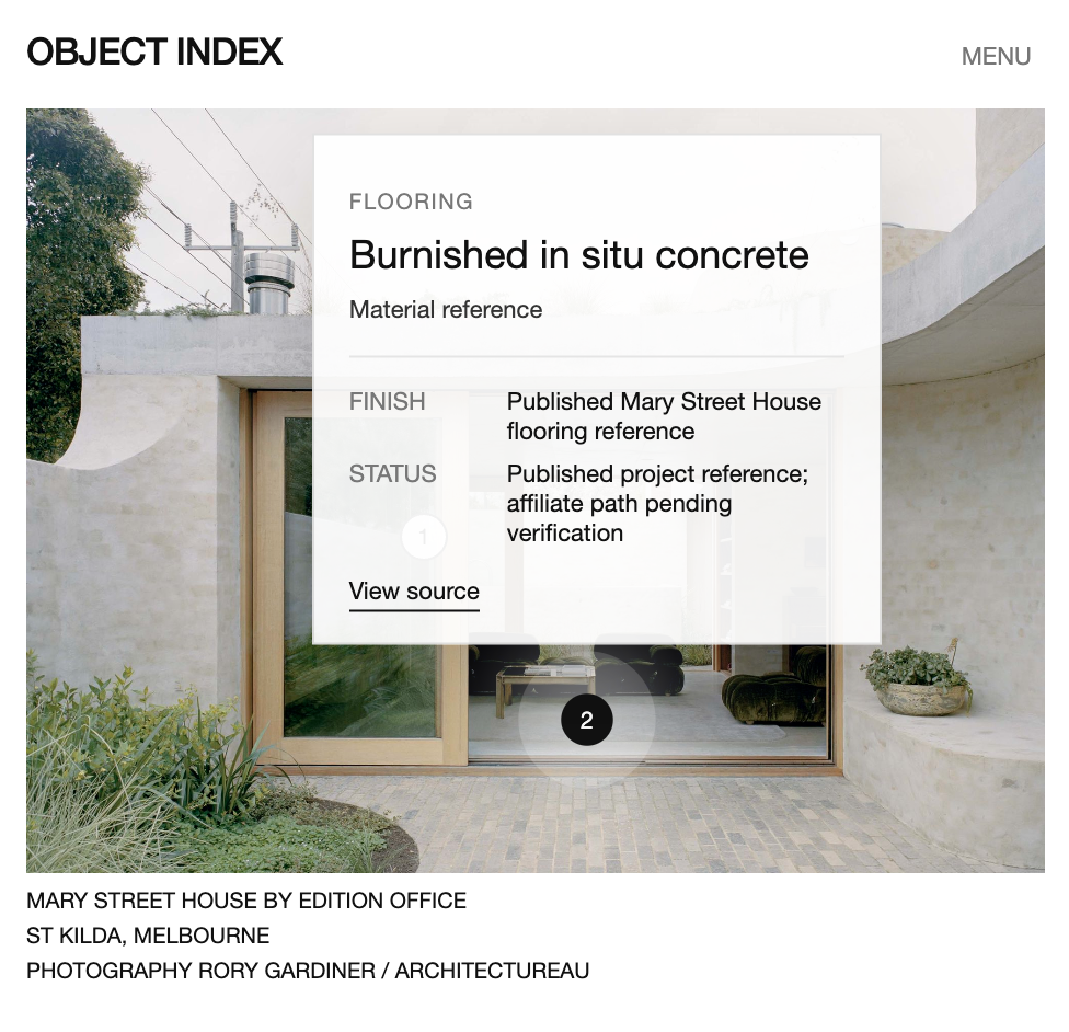 Object Index product source interface over Mary Street House imagery
