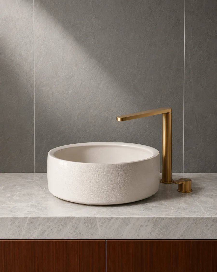 Brushed brass tap and basin on a marble vanity