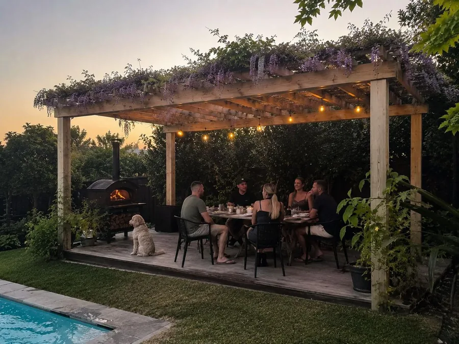 Outdoor pergola with evening dining beside a pool
