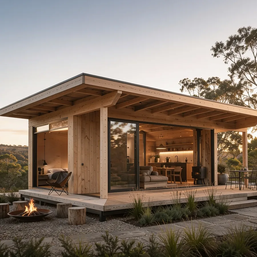 Timber prefabricated cabin with warm interior lighting